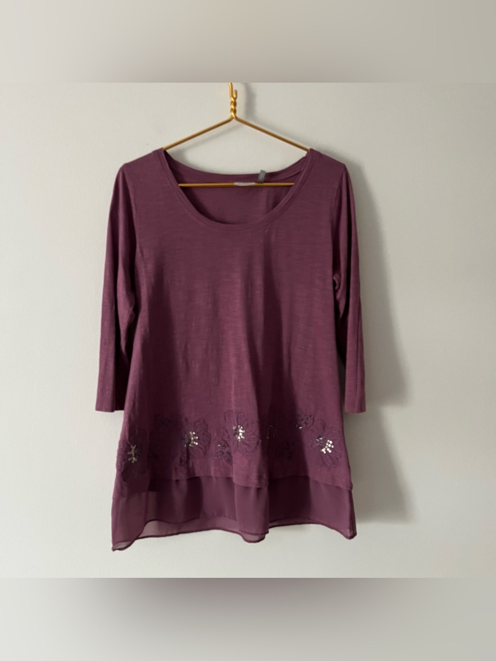 LOGO By Lori Goldstein Plum 100% Cotton Beaded  Embroidered Tunic W/ Sheer Hem S